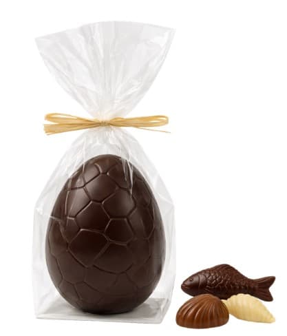 Œuf chocolat noir garni de fritures 3 chocolats 14 cm 295g guisabel