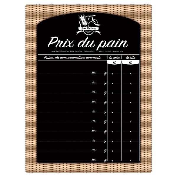 Tarif prix du pain rotin 30x40 + chiffres adhésifs