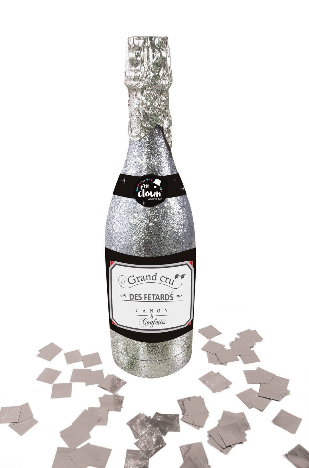 Bouteille canon à confettis papier - 32 cm - argent
