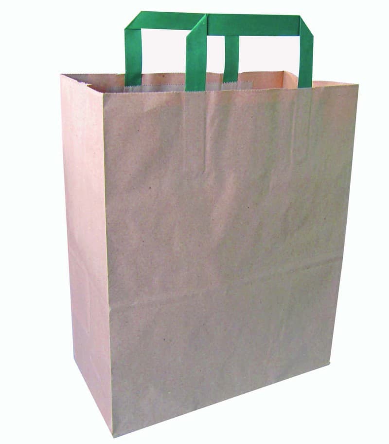 Sac cabas papier kraft brun recyclé avec anses vertes  320x170mm h340mm, 250pcs