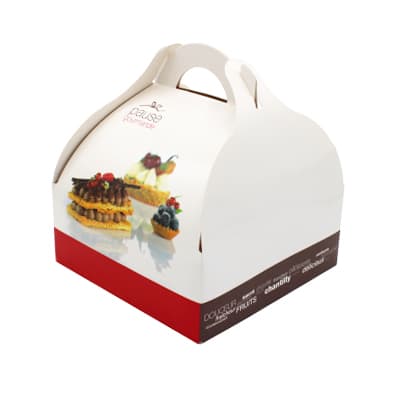 Boîte patissière décor pause gourmande à poignée 135x135x60mm par 400 pièces