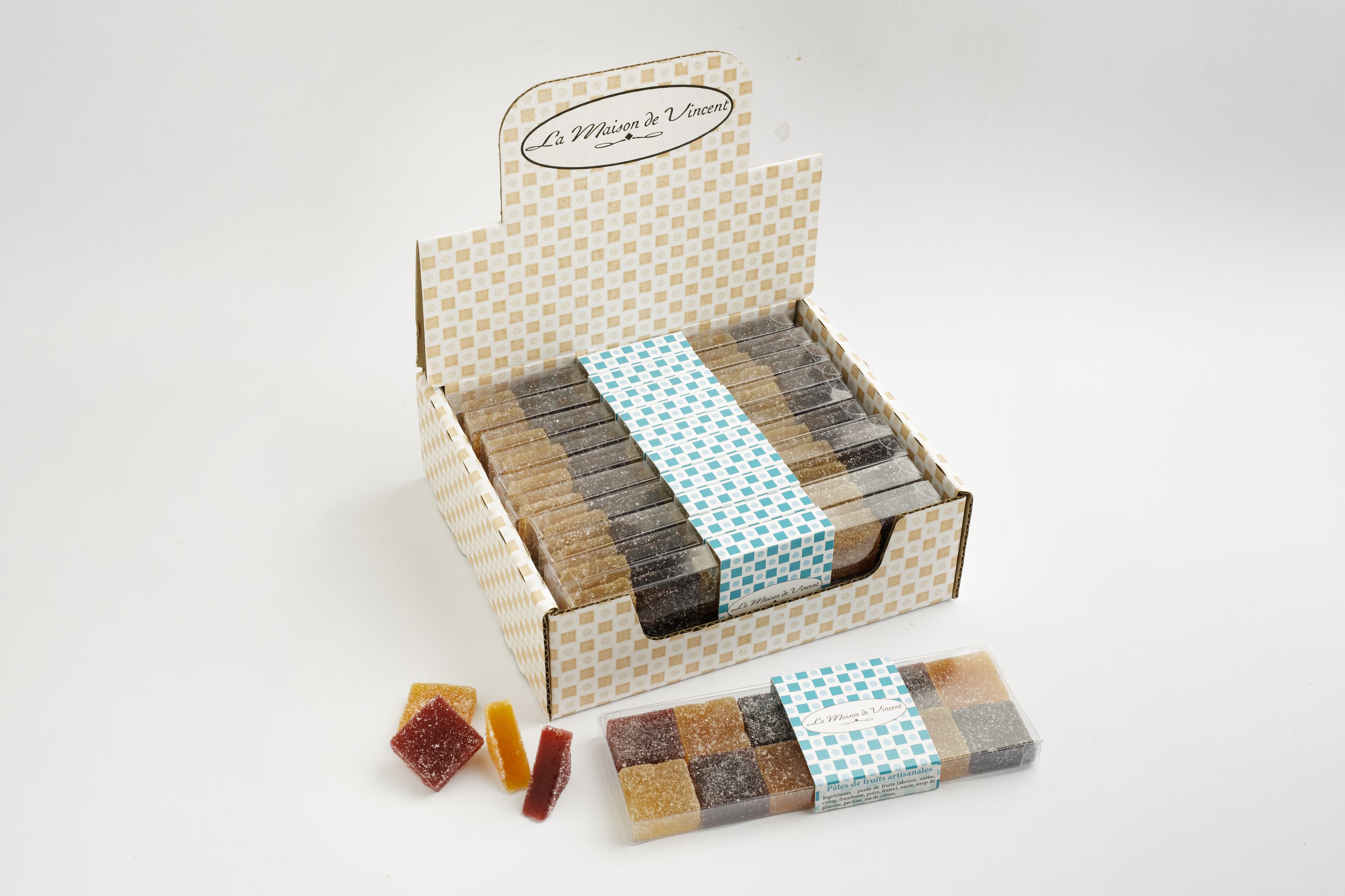 Présentoir, 10 étuis carrés de 150 g, assortiment de 6 saveurs