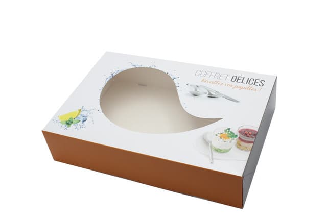 Coffret traiteur décor délices avec fenêtre 355x245x80mm par 100 pièces