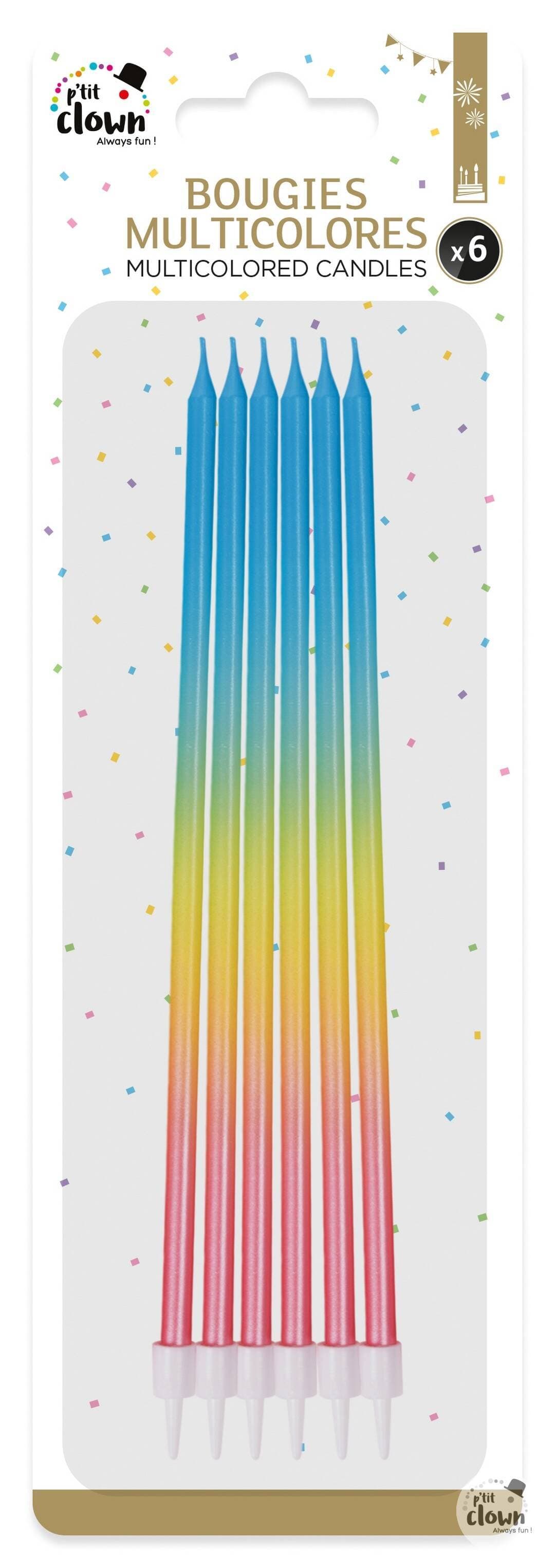 Bougie longue et fine - multicolore - lot de 6