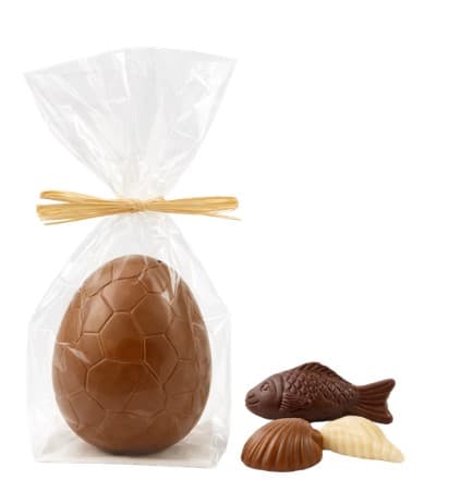 Œuf chocolat au lait garni de fritures 3 chocolats 12 cm 160g guisabel