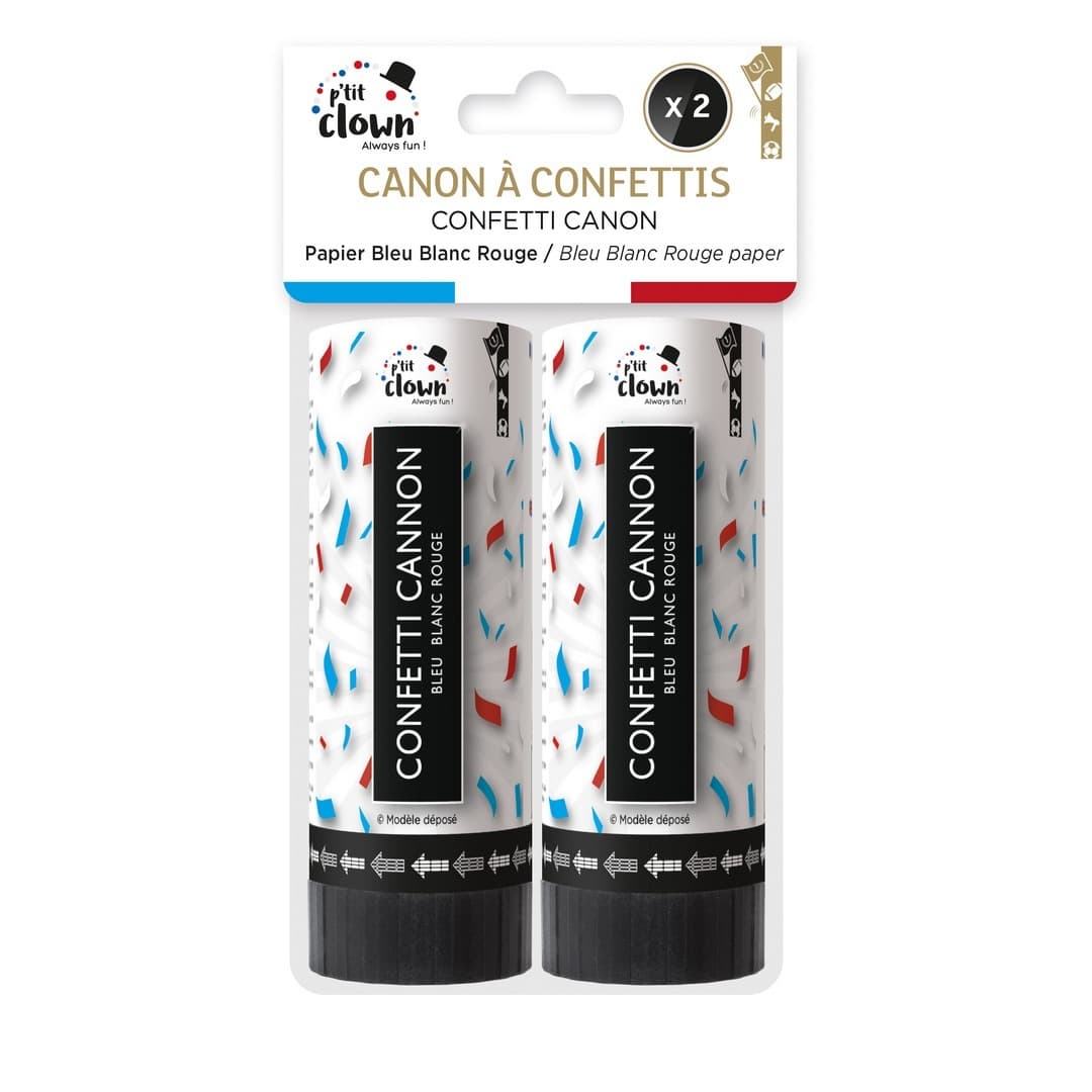 Canon à confettis papier - 11cm - bleu, blanc, rouge - lot de 2