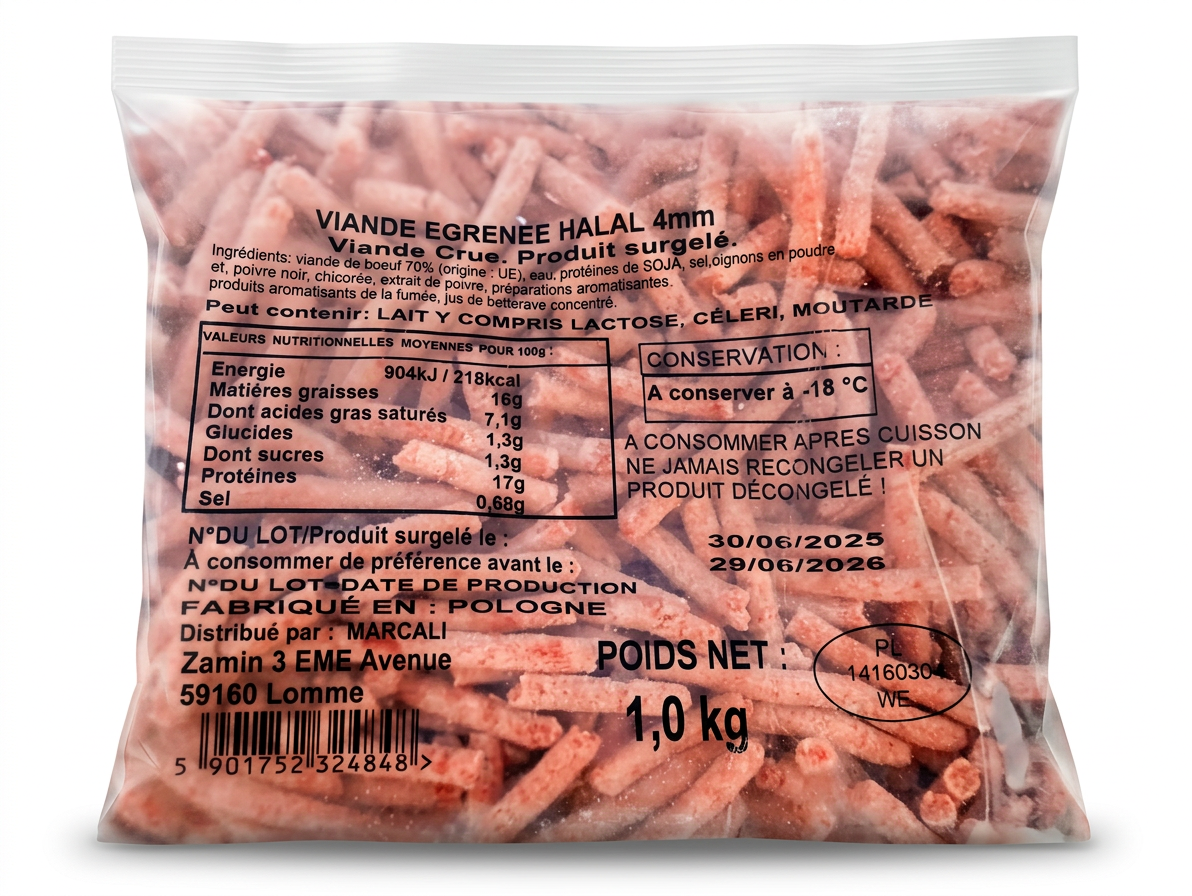 Viande egrénée au bœuf protéine halal, bœuf 70% surgelée - 1kg